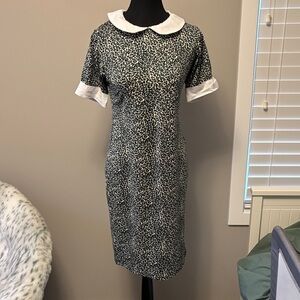 Black & White Leopard Print Midi Dress with White Collar